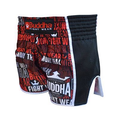 Buddha Retro Top Premium Muay Thai Shorts Negro-Rojo