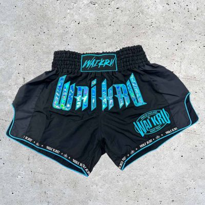 Wai Kru Muay Thai Shorts MT-13 Negro-Celeste