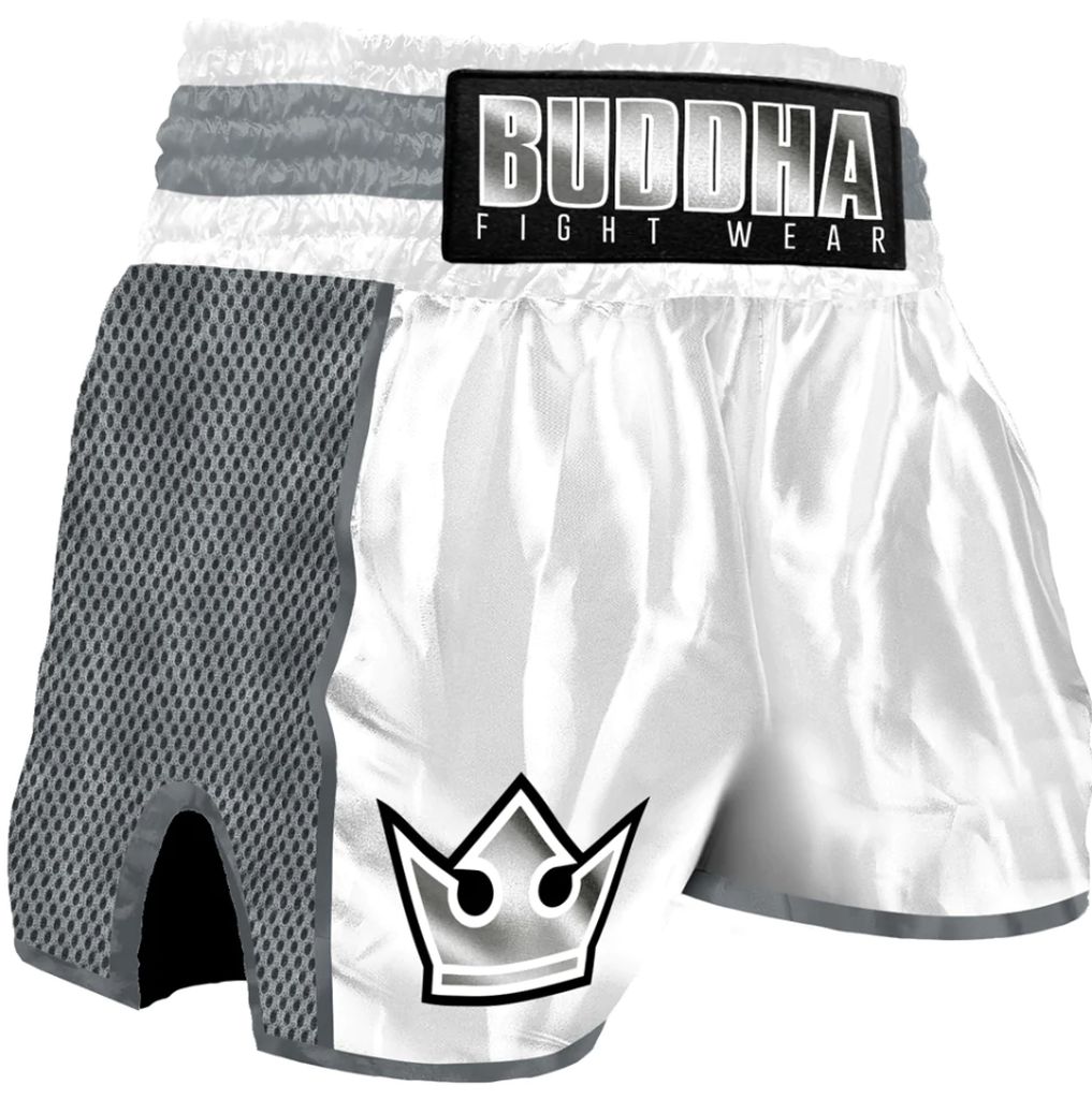 Buddha Pantalon Muay Thai Kick Boxing Buddha Retro Premium Blanco-Gris