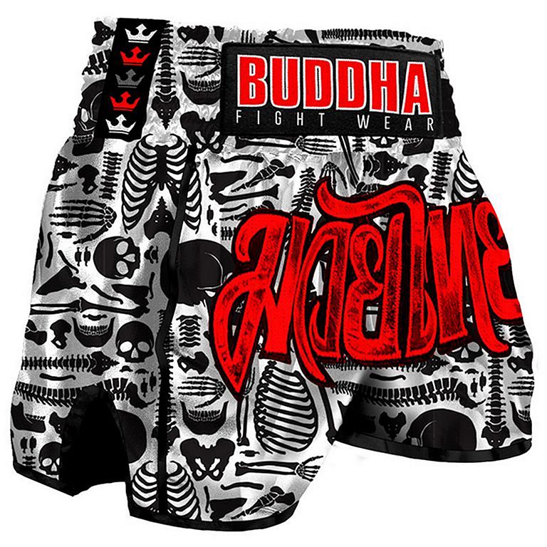 Buddha Retro Skeletor Muay Thai Shorts Negro-Blanco